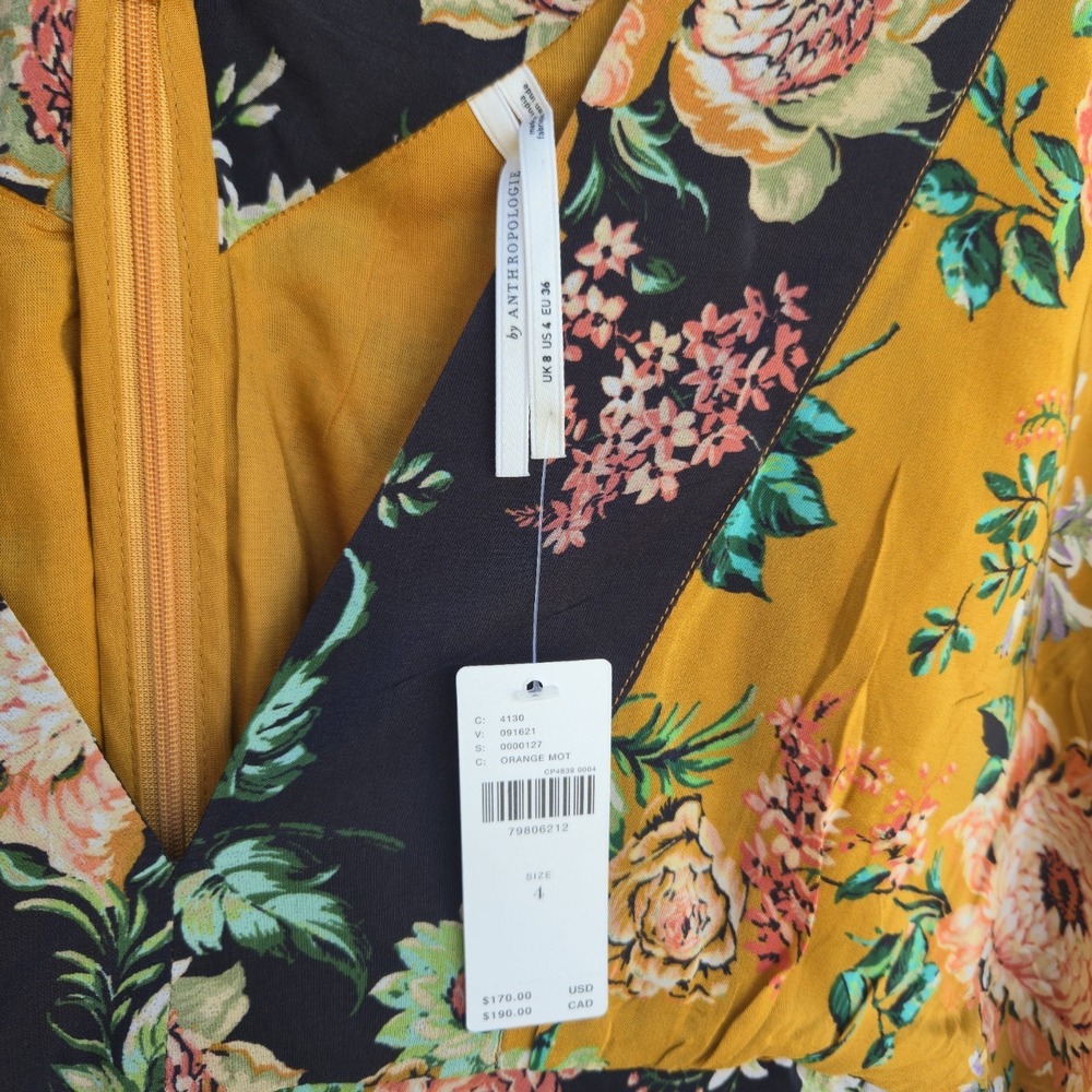 NWT Anthropologie Printed V-Neck Maxi Dress Floral Boho Bell Sleeve Mustard Sz 4 - Picture 2 of 7